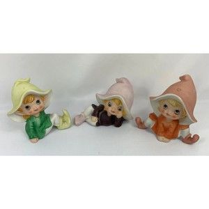 Vintage HUMCO Fairy Elf Set Of 3 Cottagecore Folk Ceramic Figurine #5213